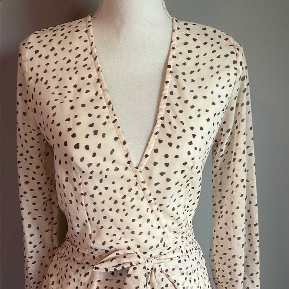Chic Cream Wrap Dress with Brown Dots